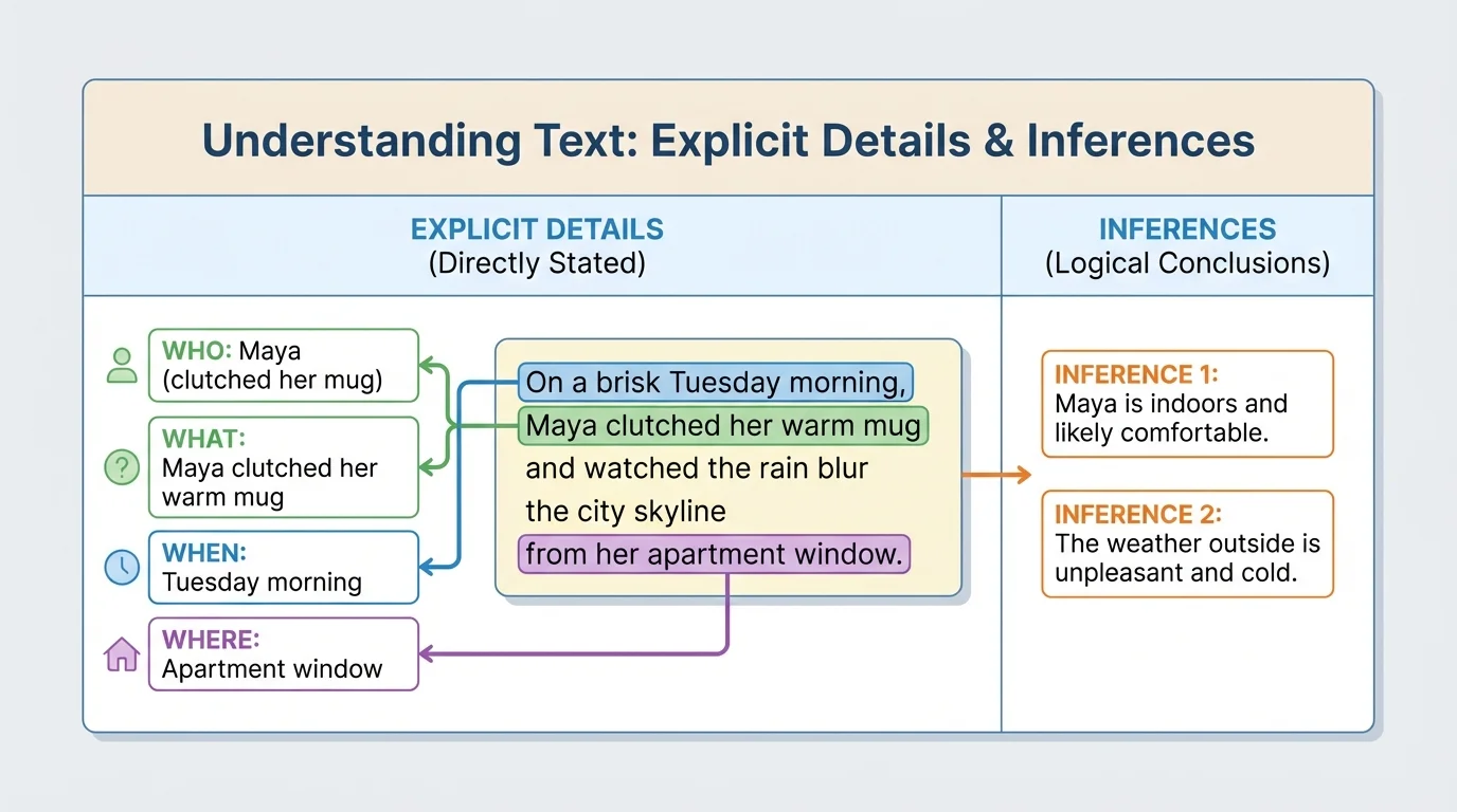 short story excerpt with highlighted sentences that answer who, what, where, and when questions