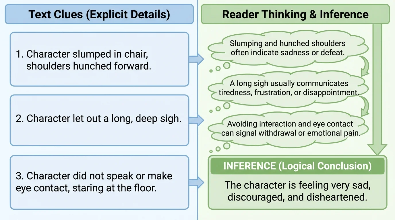 two-column chart showing text clues on one side and reader thinking on the other leading to an inference about a character's emotion