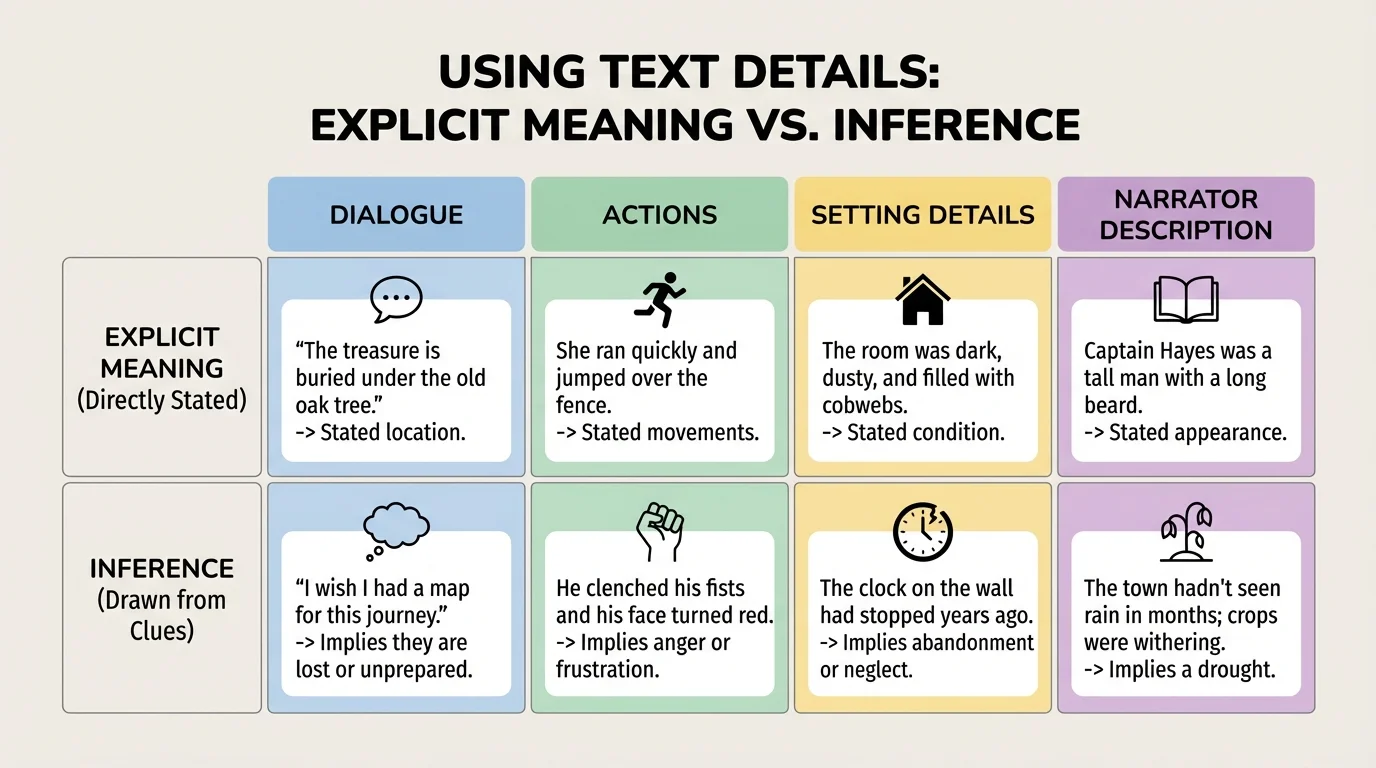 chart listing dialogue, actions, setting details, and narrator description with a short example for each