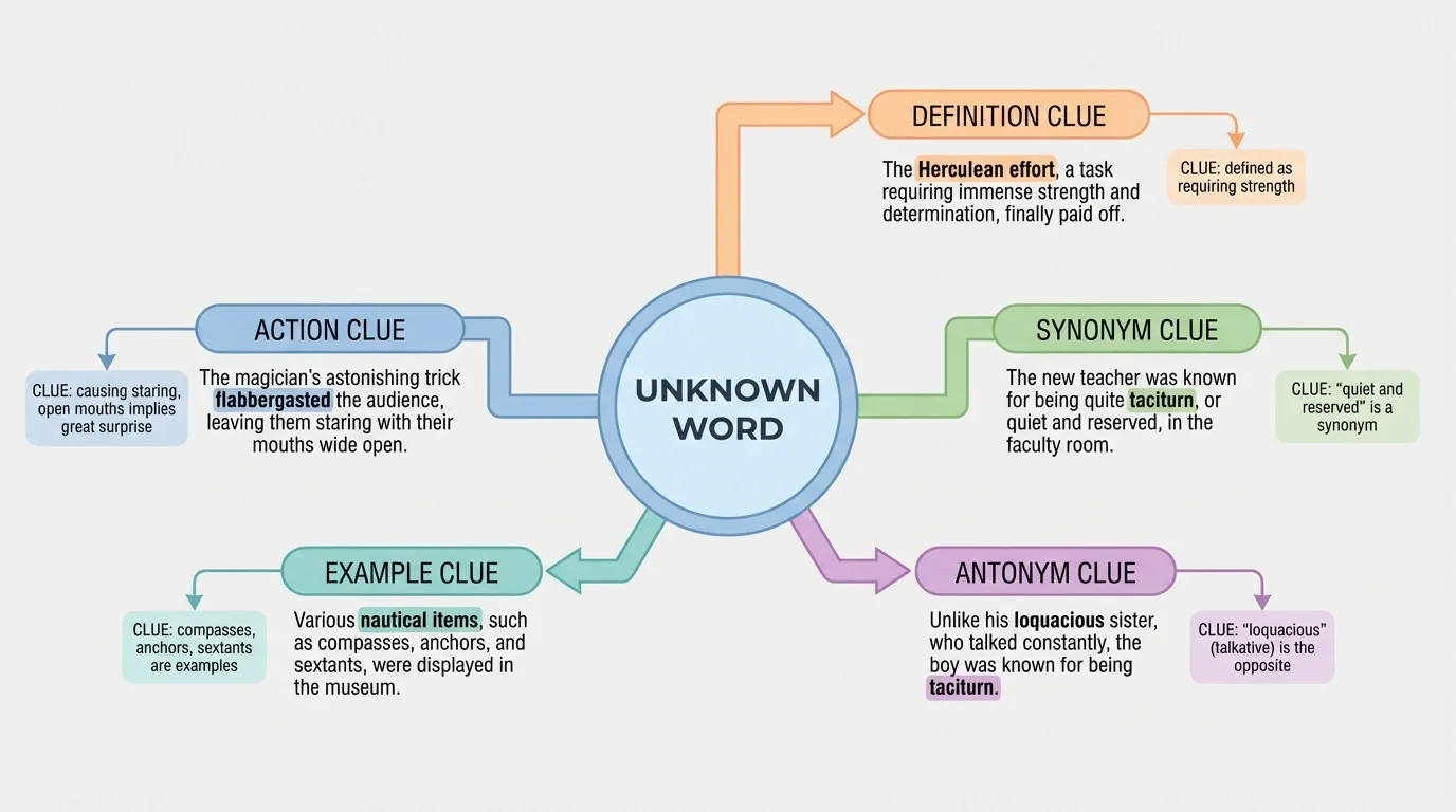 chart showing an unknown word in the center with branches labeled definition clue, synonym clue, antonym clue, example clue, and action clue