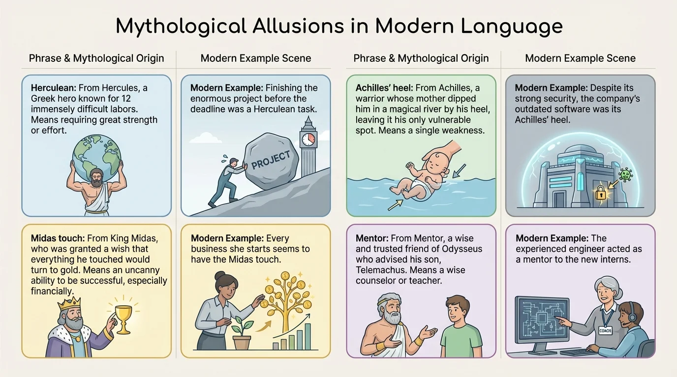 chart with rows for Herculean, Achilles' heel, Midas touch, and mentor, each paired with a simple modern example scene