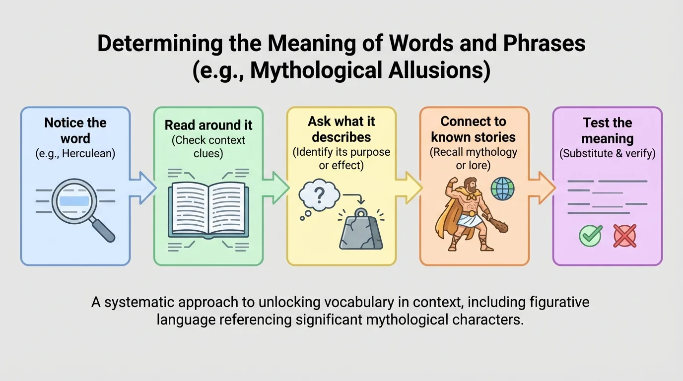 flowchart with steps notice the word, read around it, ask what it describes, connect to known stories, test the meaning
