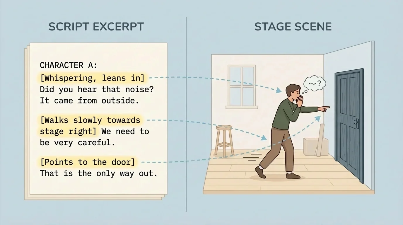 Script excerpt with simple stage directions on one side and a stage scene on the other showing an actor whispering, walking slowly, and pointing to a door