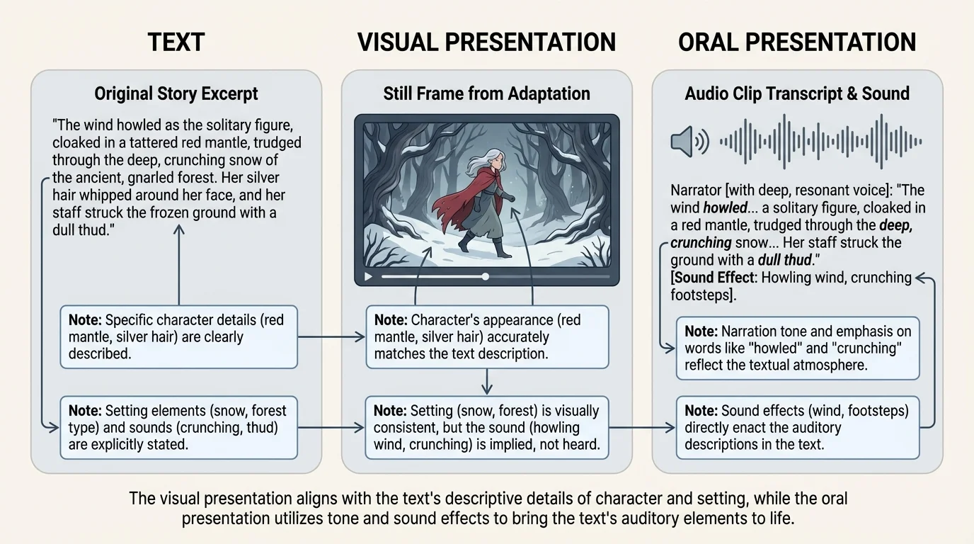 Three-column comparison chart labeled text, visual, and oral showing same character and event with notes for what matches and what changes