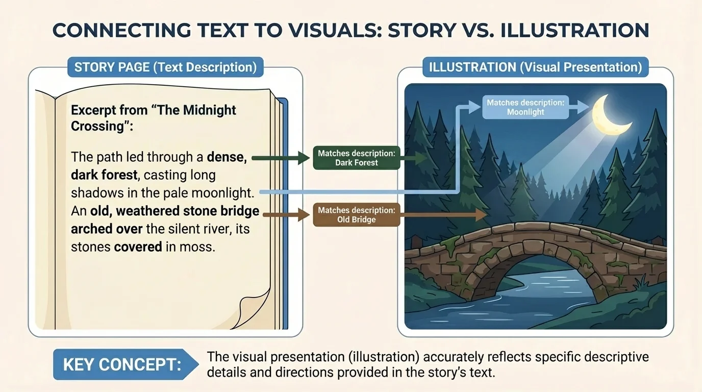 Story page describing a dark forest beside an old bridge next to an illustration showing the same forest, bridge, and moonlight with labels for matching details