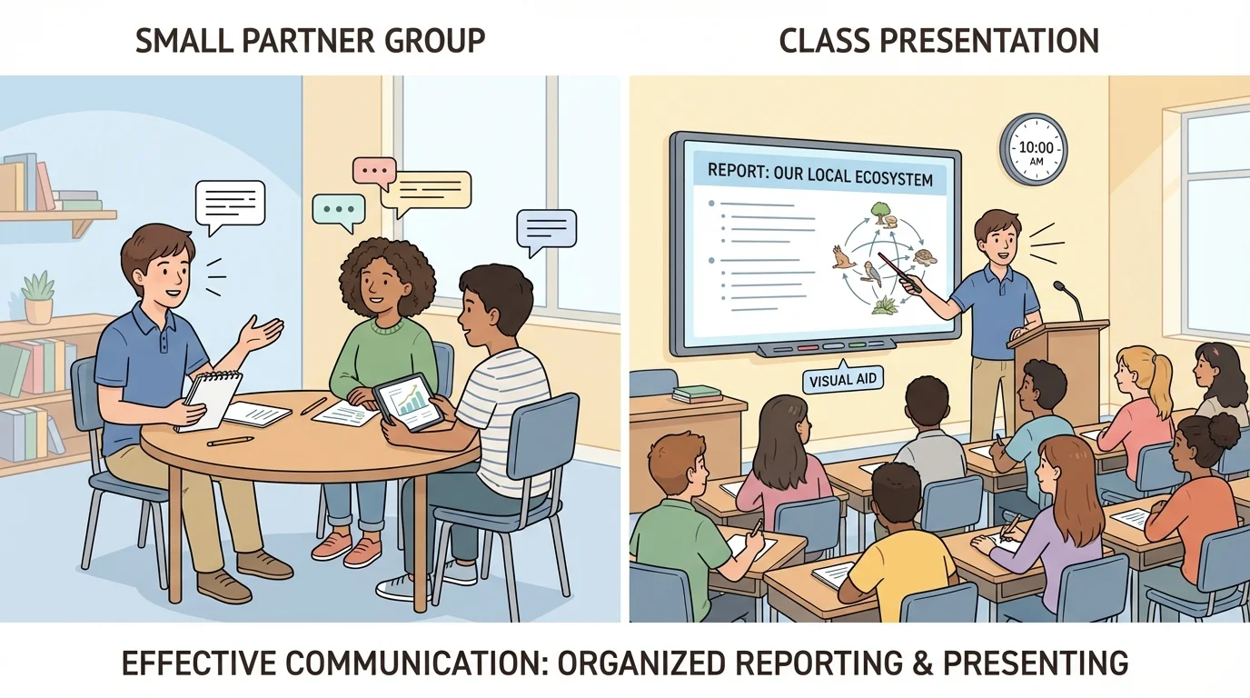 illustration with one student talking to a small partner group and the same student giving a class presentation at the front of the room