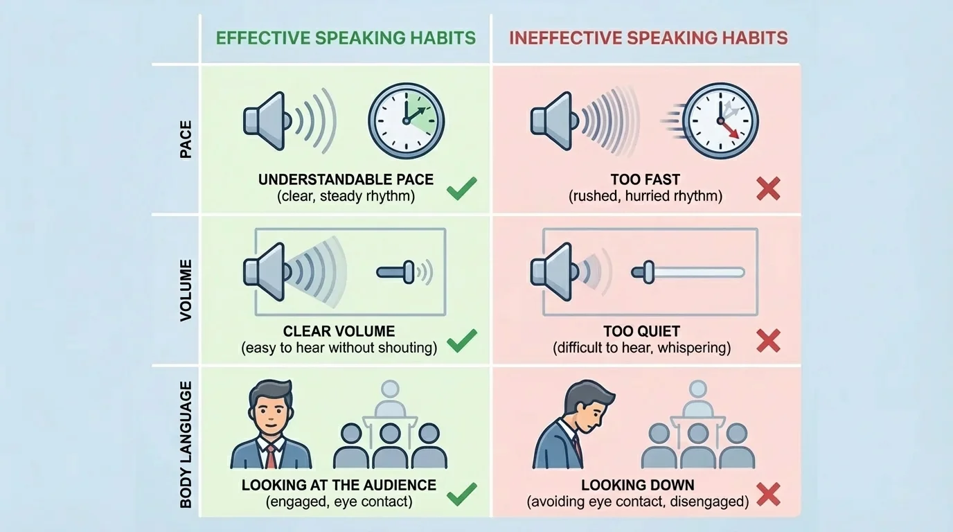 chart comparing effective speaking habits and ineffective speaking habits, including too fast versus understandable pace, too quiet versus clear volume, and looking down versus looking at the audience