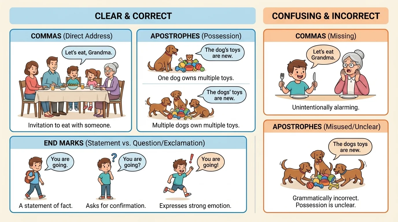 pairs of sentences showing how punctuation changes meaning, including commas, apostrophes, and end marks that make sentences clear or confusing