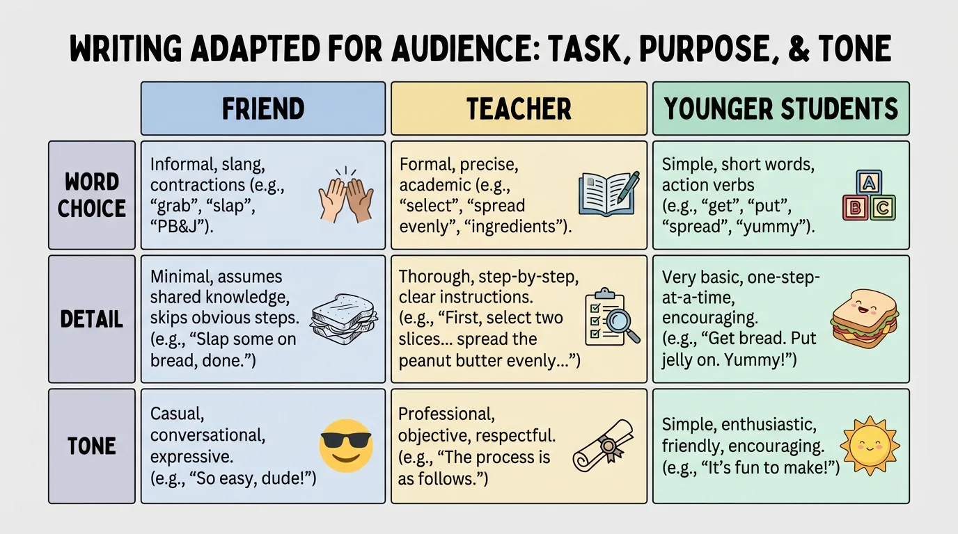 comparison chart showing one topic written for a friend, a teacher, and younger students, with differences in word choice, detail, and tone