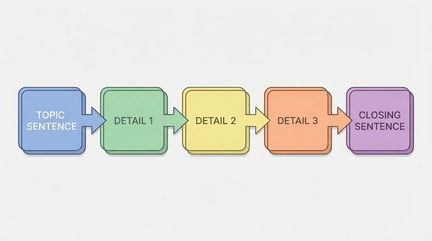 paragraph structure with boxes labeled topic sentence, detail 1, detail 2, detail 3, and closing sentence connected in order