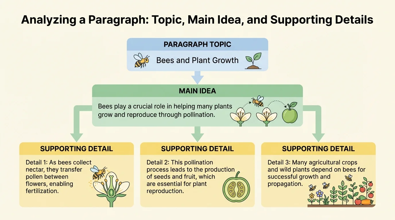 chart comparing a paragraph's topic, main idea, and three supporting details about bees helping plants grow
