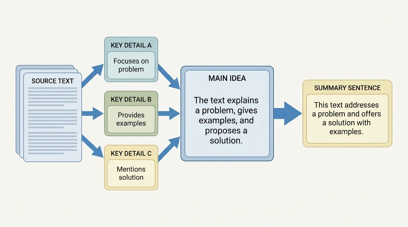 flowchart showing text details being grouped into main idea and then into a short summary sentence set