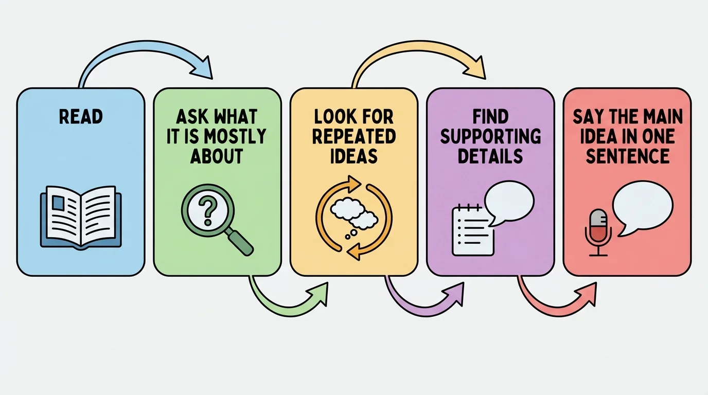 flowchart with steps read, ask what it is mostly about, look for repeated ideas, find supporting details, say the main idea in one sentence