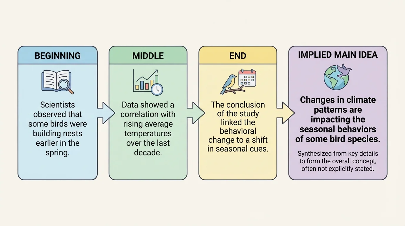 chart with four mini paragraph boxes labeled beginning, middle, end, and implied main idea