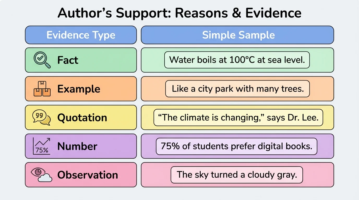 comparison chart with columns for evidence type and simple sample, including fact, example, quotation, number, and observation