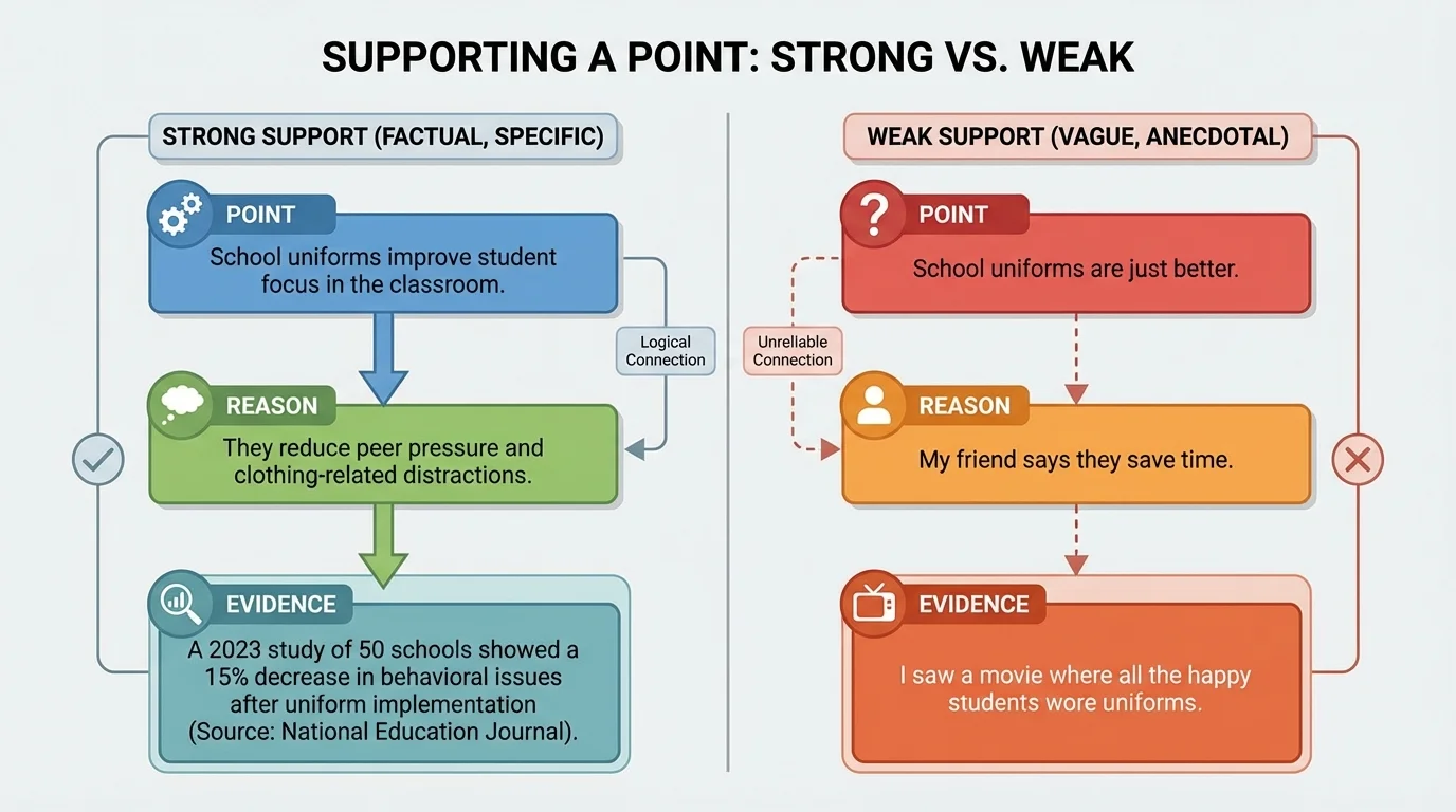 side-by-side comparison of strong support versus weak support for the same school topic, with labels for point, reason, and evidence