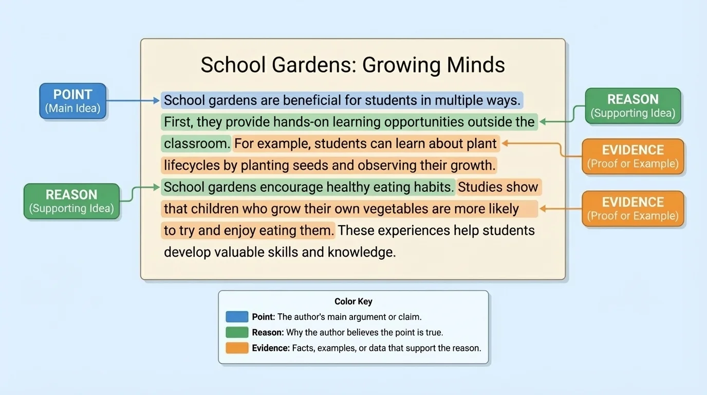 annotated short passage about school gardens with color-coded labels marking the point, two reasons, and evidence sentences