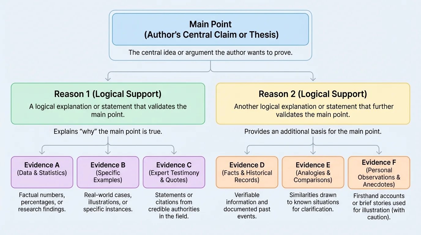 one main point at the top, two supporting reasons below it, and smaller evidence boxes connected under each reason