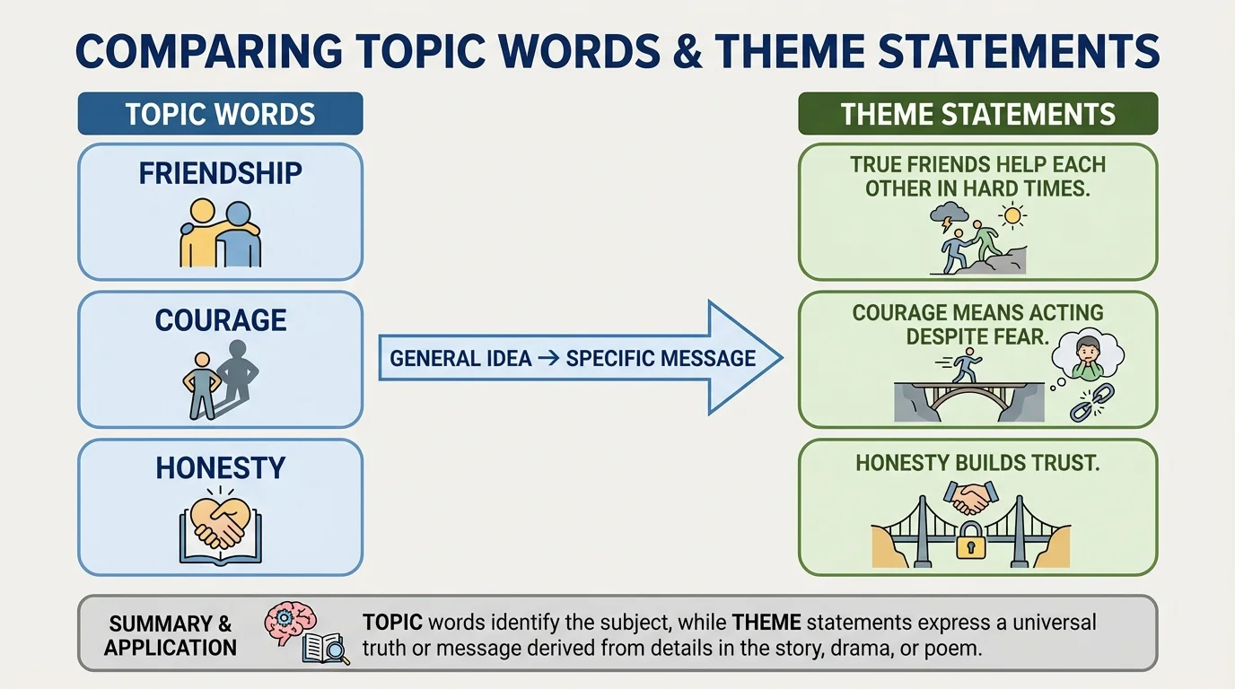 chart comparing topic words such as friendship, courage, and honesty with full theme statements such as true friends help each other in hard times, courage means acting despite fear, and honesty builds trust