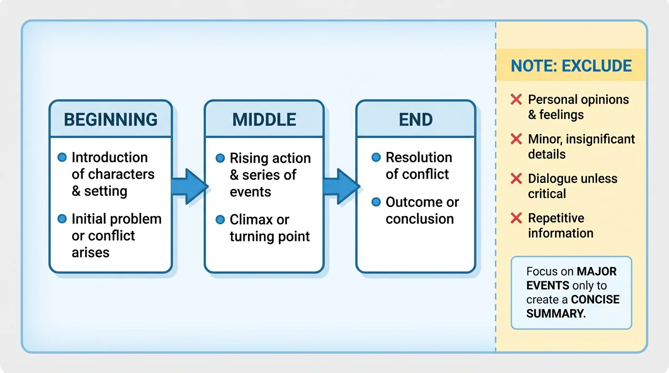 diagram with three connected boxes labeled beginning, middle, end showing key events only, with a side note that opinions and tiny details are left out