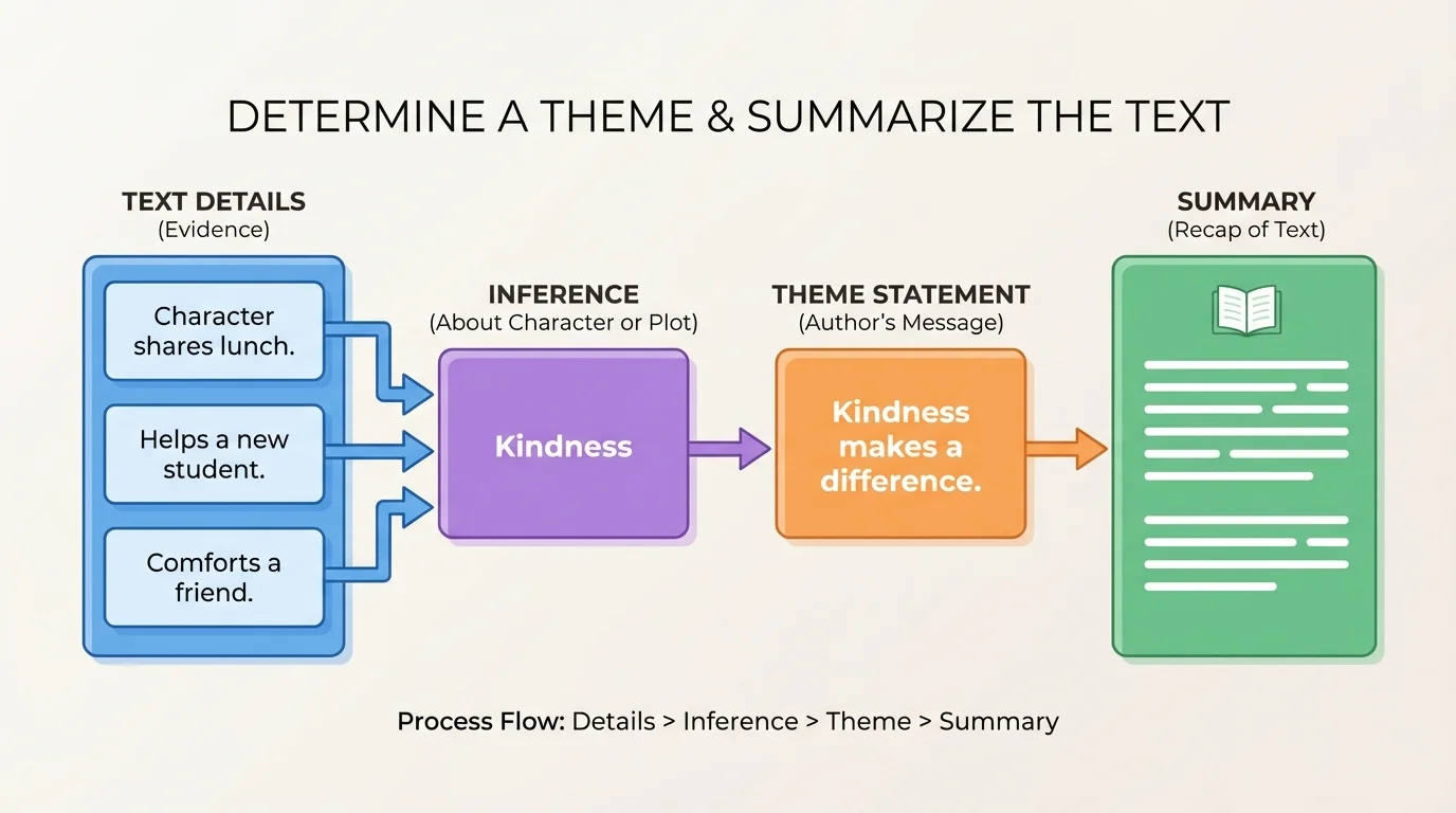 flowchart showing text details such as character shares lunch, helps a new student, and comforts a friend leading to inference about kindness and then to a theme statement that kindness makes a difference