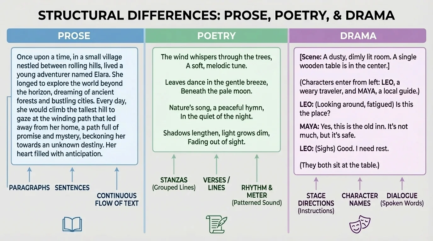 three-column comparison showing prose as a paragraph block, poetry as short lines in stanzas, and drama as a script with character names, dialogue, and stage directions