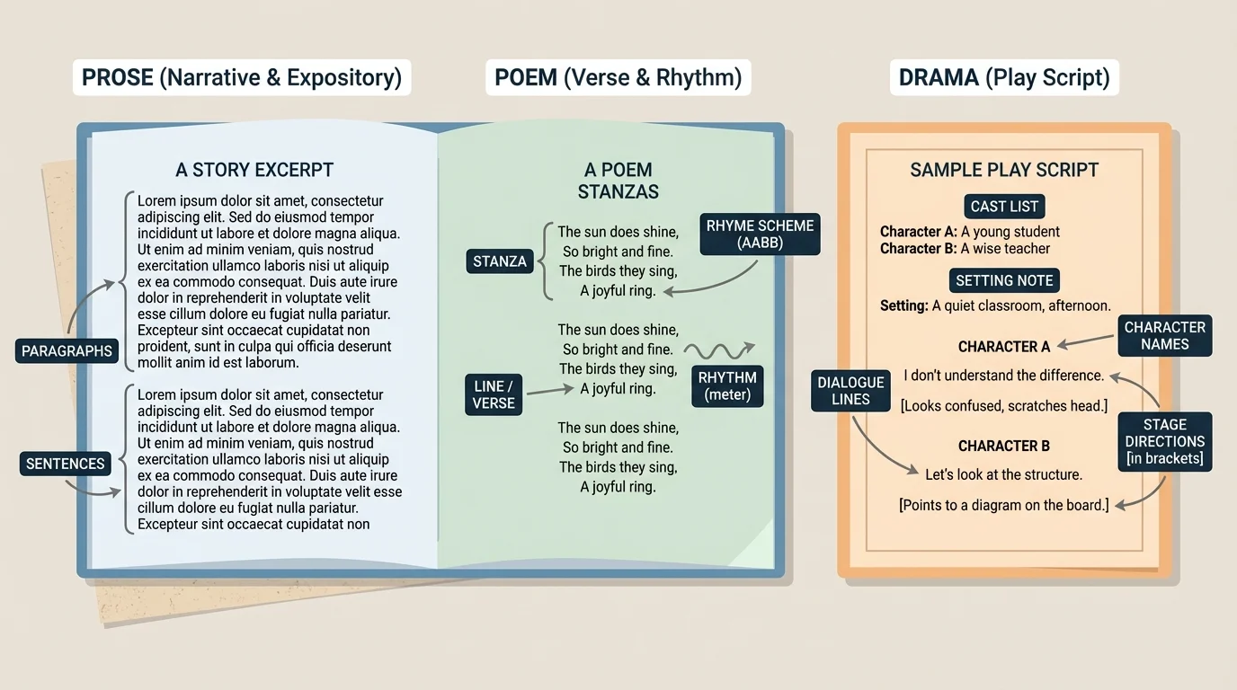 sample play script page labeled with cast list, setting note, character names, dialogue lines, and stage directions in brackets