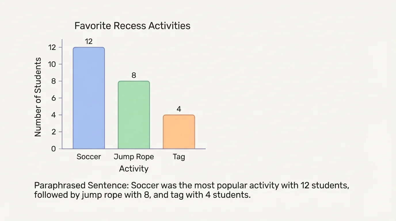 Bar graph of favorite recess activities with bars for soccer, jump rope, and tag, plus a nearby example sentence restating the graph in simple words