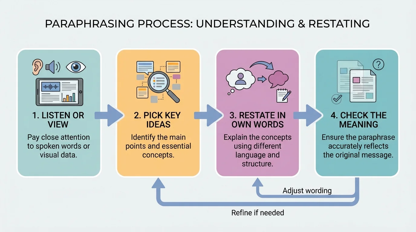 Simple four-step flowchart showing listen or view, pick key ideas, restate in own words, check the meaning