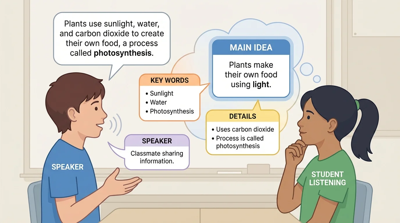 Student listening to a classmate while noticing key words, speaker, main idea, and details in simple labeled callouts