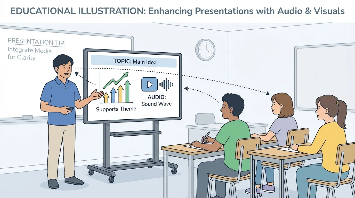 Classroom presentation scene with one student standing beside a screen, facing classmates, one hand gesturing toward a simple visual, arrows indicating eye contact with audience and brief glance toward the screen