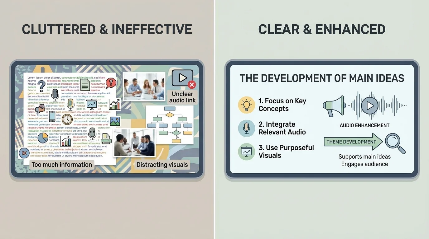 Side-by-side comparison of two presentation slides, one cluttered with tiny text, many colors, and too many pictures, and one clear slide with a big title, three short bullet points, and one labeled image
