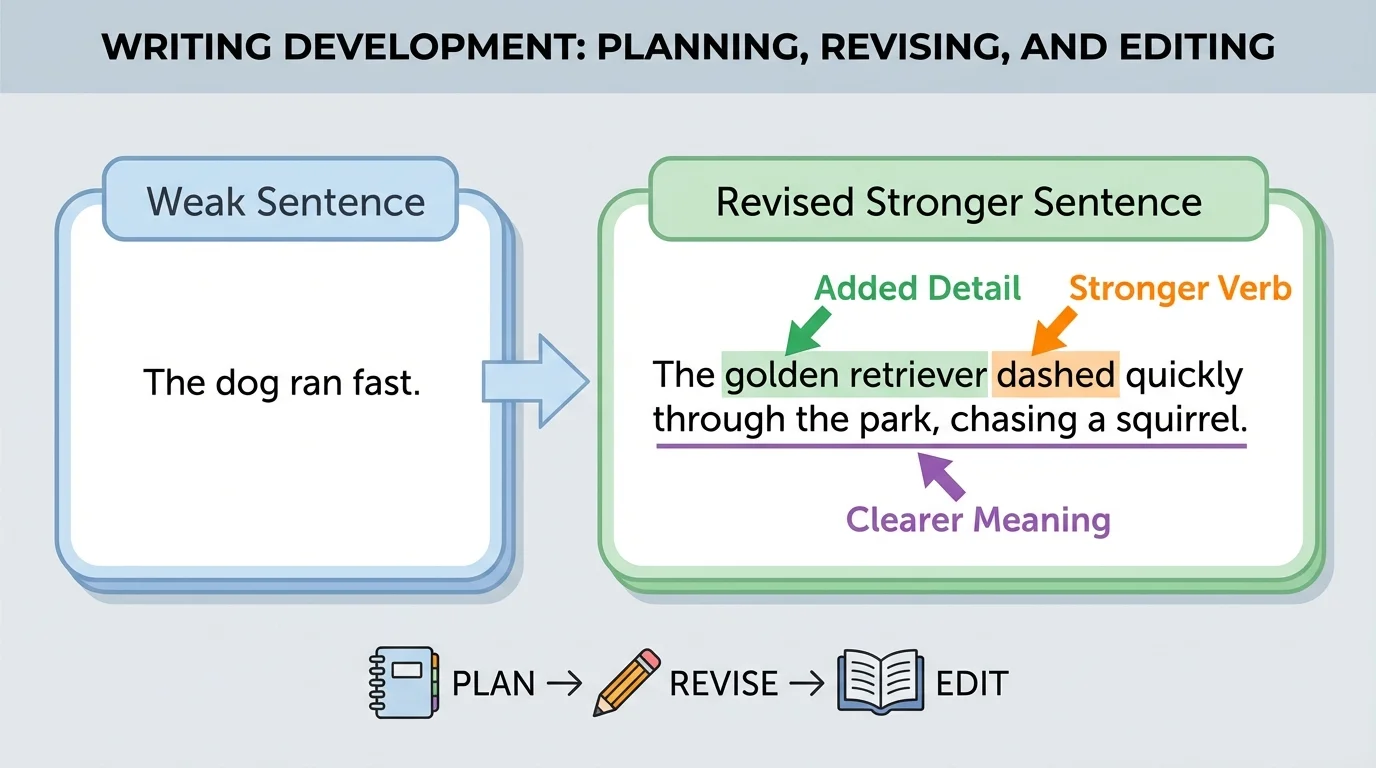 side-by-side comparison of a weak sentence and a revised stronger sentence, labeled added detail, stronger verb, and clearer meaning