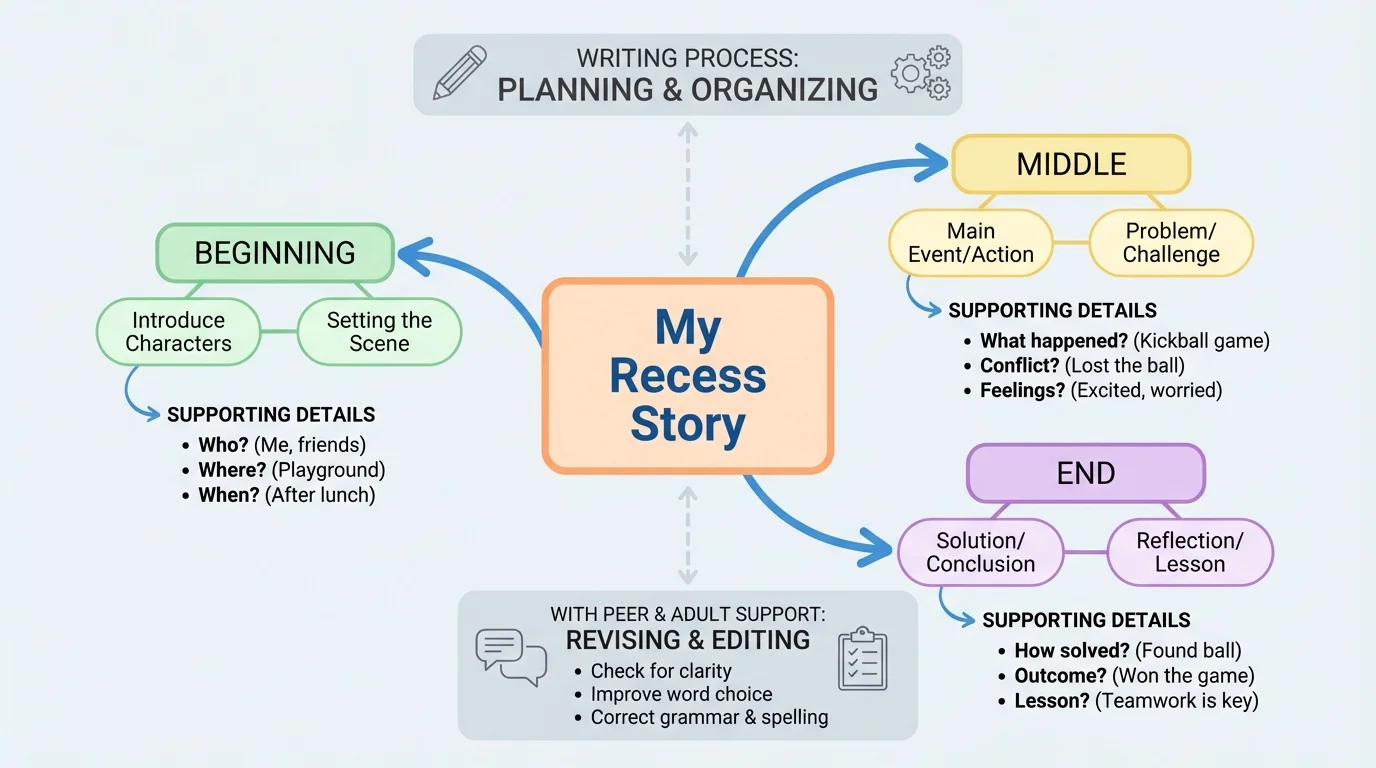 simple grade 4 writing organizer with a central topic box labeled My Recess Story and branches for beginning, middle, end, and supporting details