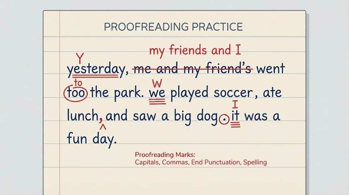 short student paragraph with proofreading marks correcting capitals, commas, end punctuation, and one misspelled word