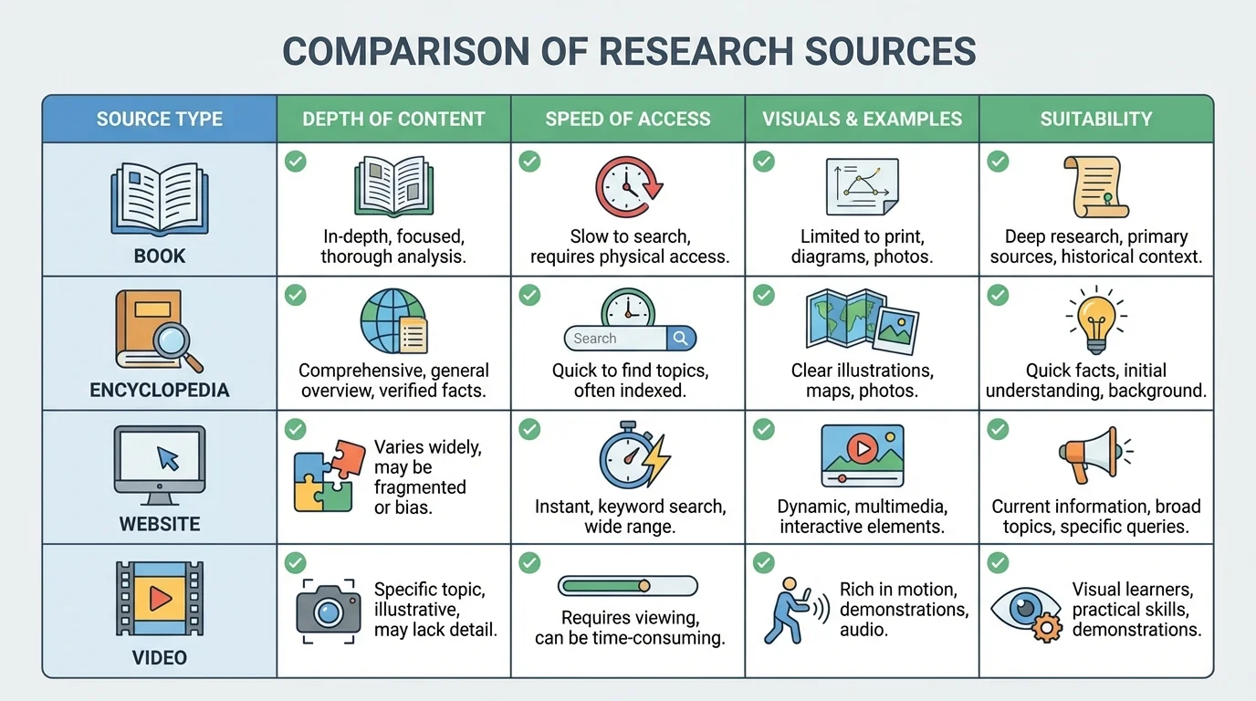 comparison chart of book, encyclopedia, website, and video as research sources with strengths like depth, speed, visuals, and examples