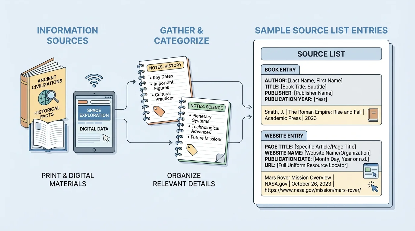 sample source list entries showing a book entry with author title publisher and a website entry with page title website name date and URL