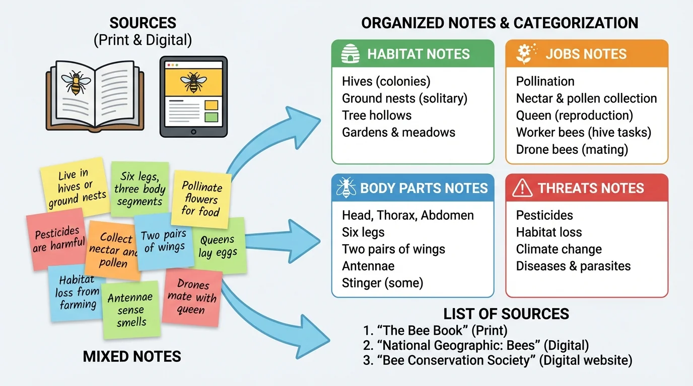 notes about bees sorted into categories such as habitat, body parts, jobs, and threats with arrows from mixed notes into organized groups