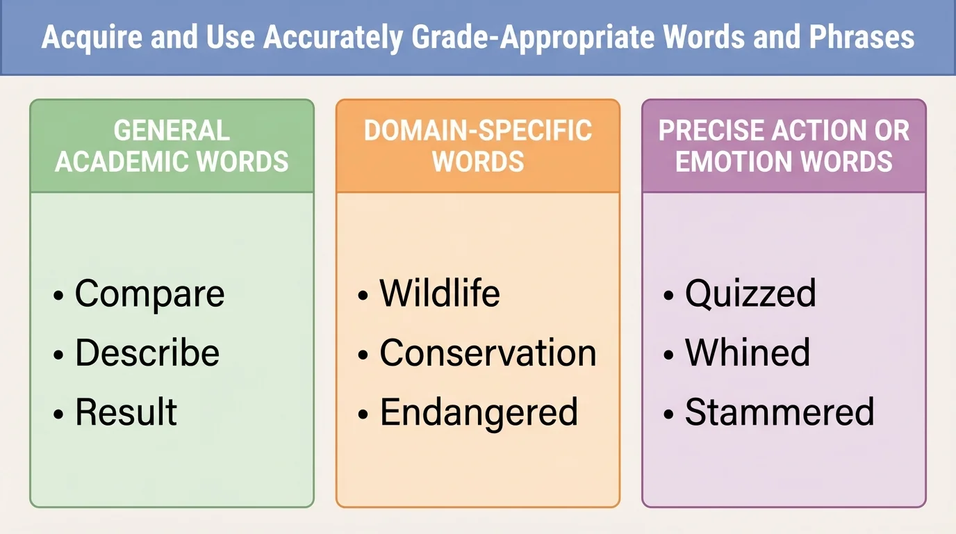 three-column chart labeled general academic words, domain-specific words, and precise action or emotion words, with examples such as compare describe result, wildlife conservation endangered, and quizzed whined stammered