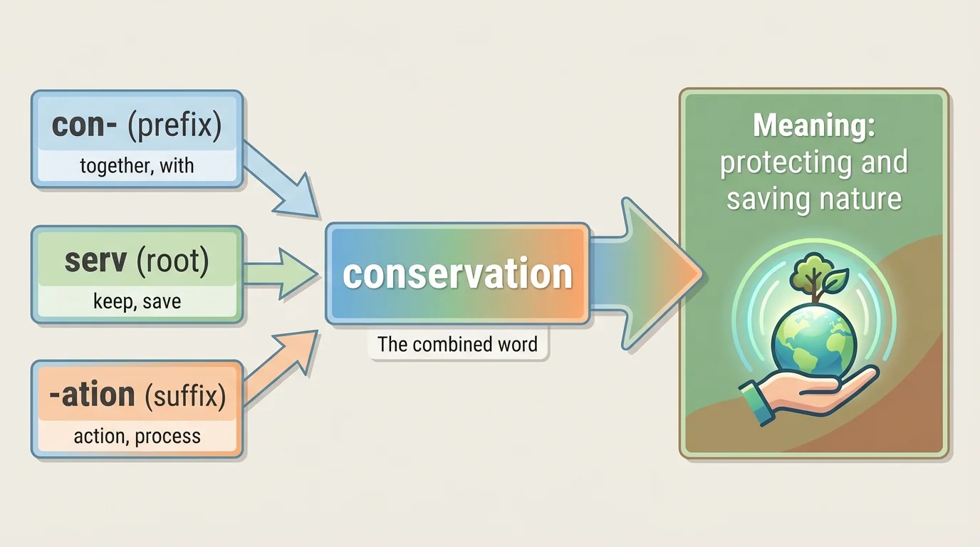 word-building diagram of conservation split into con-, serv, and -ation with arrows showing how the parts combine into the meaning protecting and saving nature