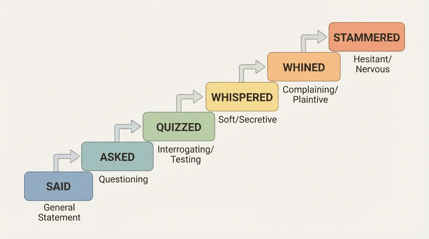 meaning ladder of speaking verbs from general to more specific, including said, asked, quizzed, whispered, whined, and stammered with simple tone labels