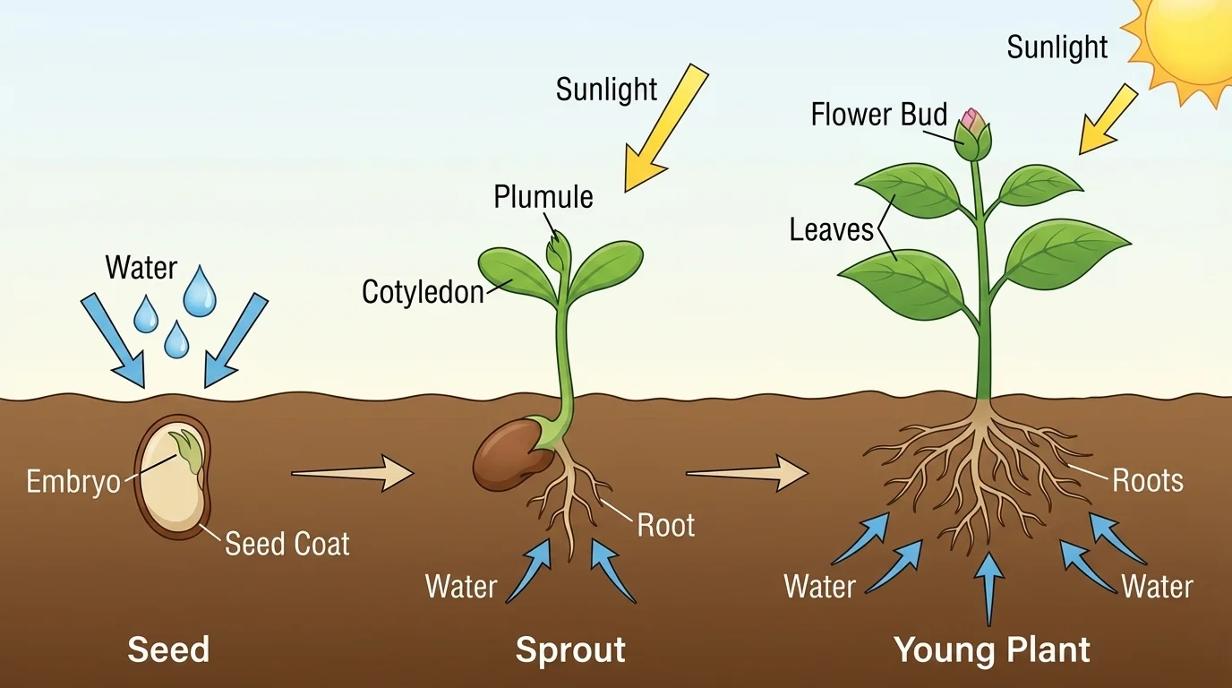 Diagram of a seed growing into a sprout and plant, labeled with water, sunlight, and growth stages