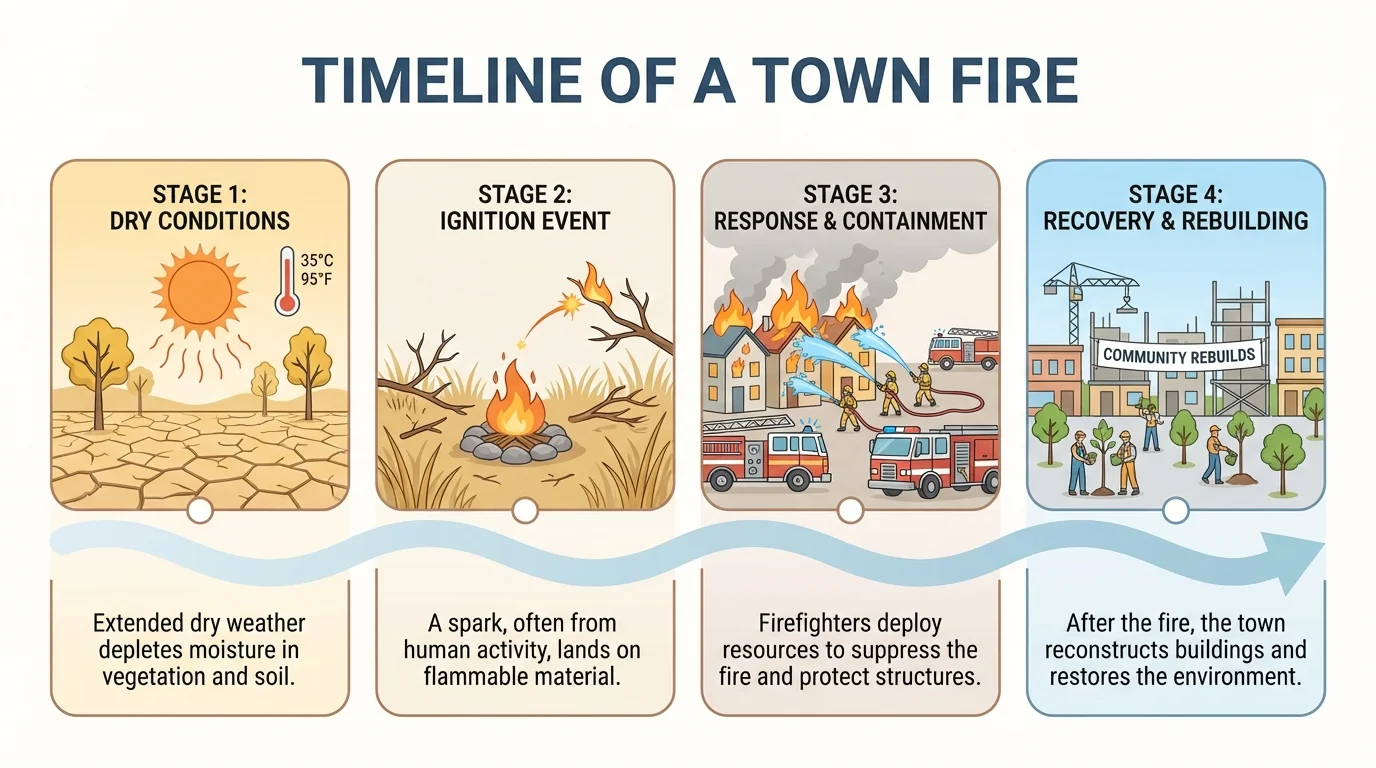 Timeline of a town fire: dry weather, spark starts fire, firefighters respond, town rebuilds