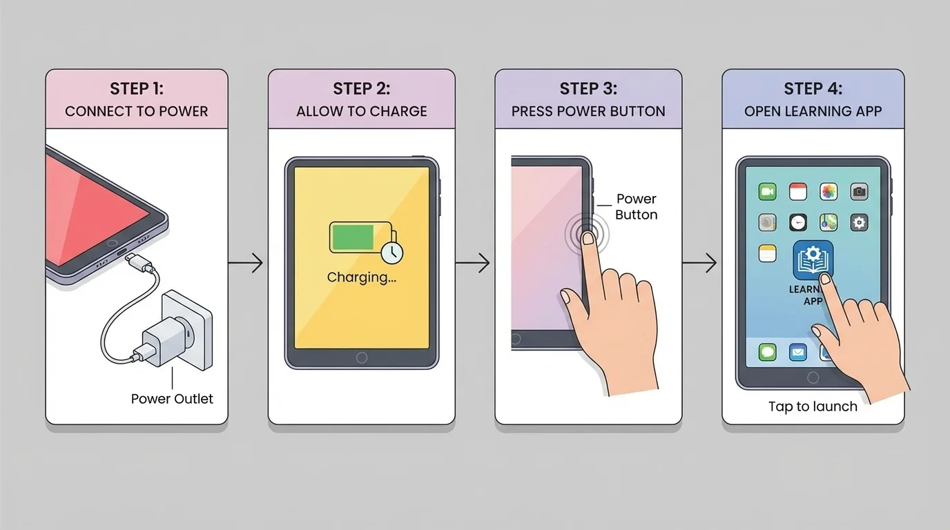 Flowchart showing steps to charge a tablet, press power button, and open learning app