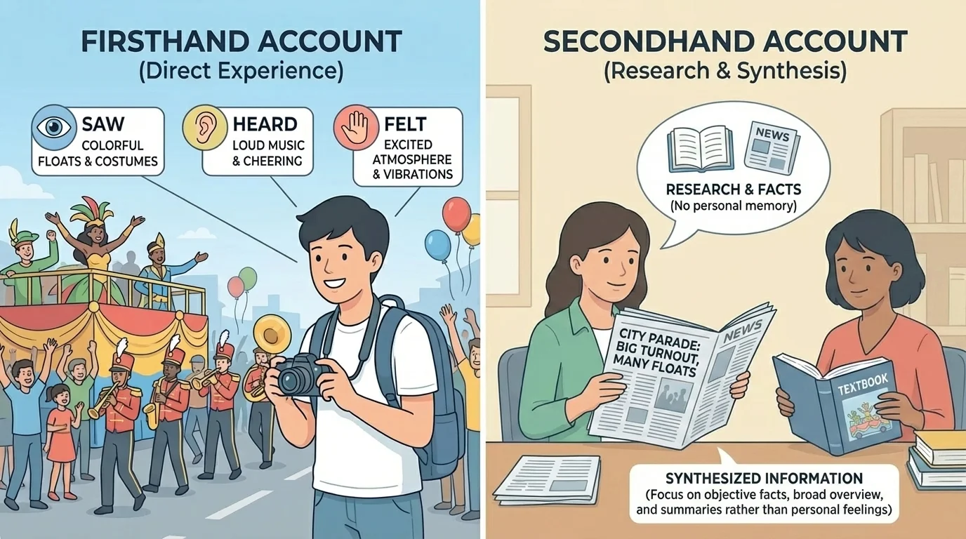 Two-panel scene of a student at a parade experiencing the event directly, with short labels for saw, heard, and felt, contrasted with the student later speaking about personal memories