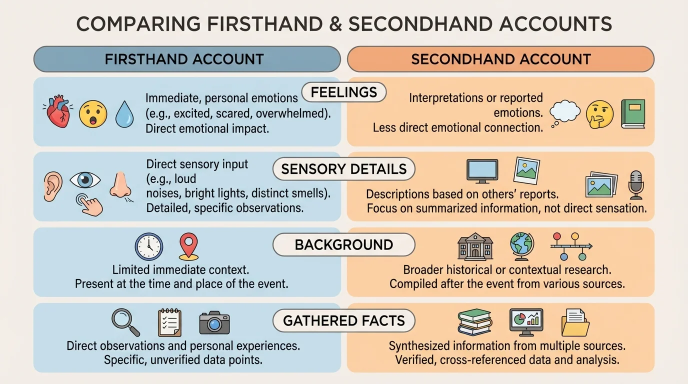 Comparison chart with two columns labeled firsthand and secondhand, and rows labeled feelings, sensory details, background, and gathered facts
