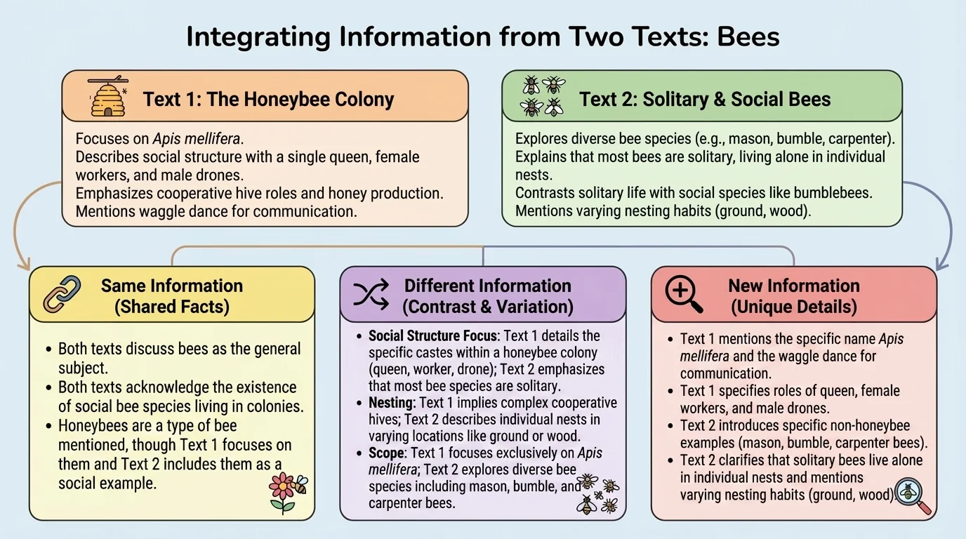 chart with two text boxes about bees and three categories labeled same information, different information, and new information