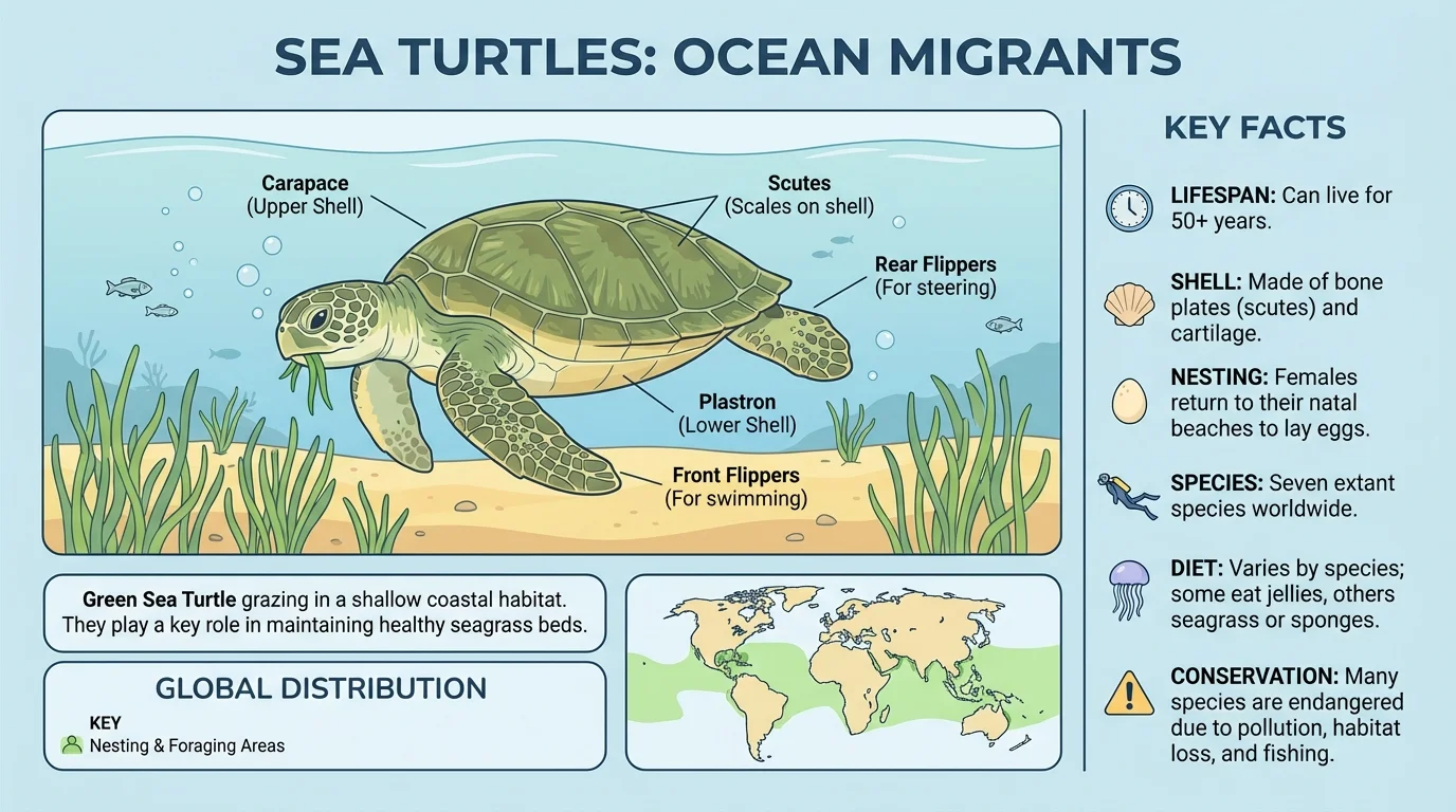 labeled nonfiction page about sea turtles with heading, captioned picture, mini map, and sidebar facts