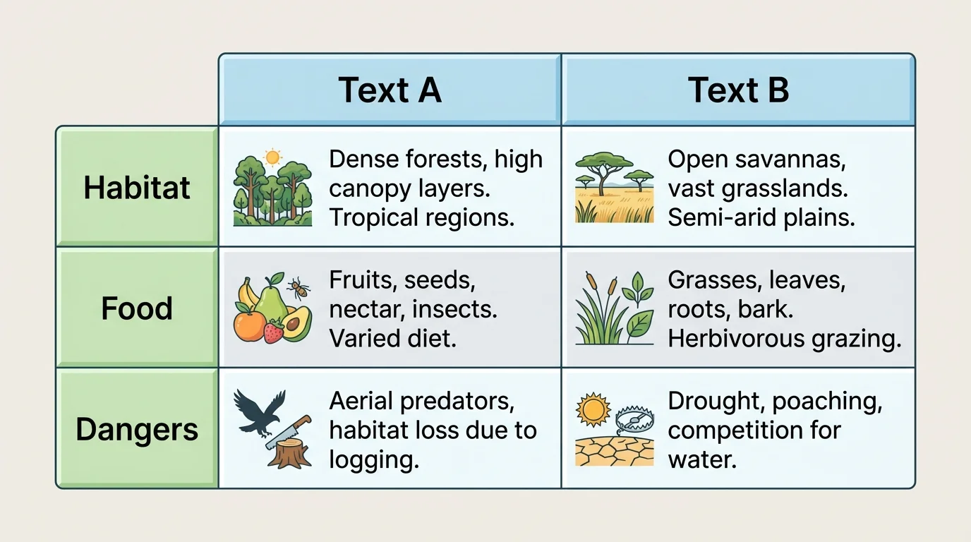 student note chart with columns for Text A and Text B and rows for habitat, food, and dangers
