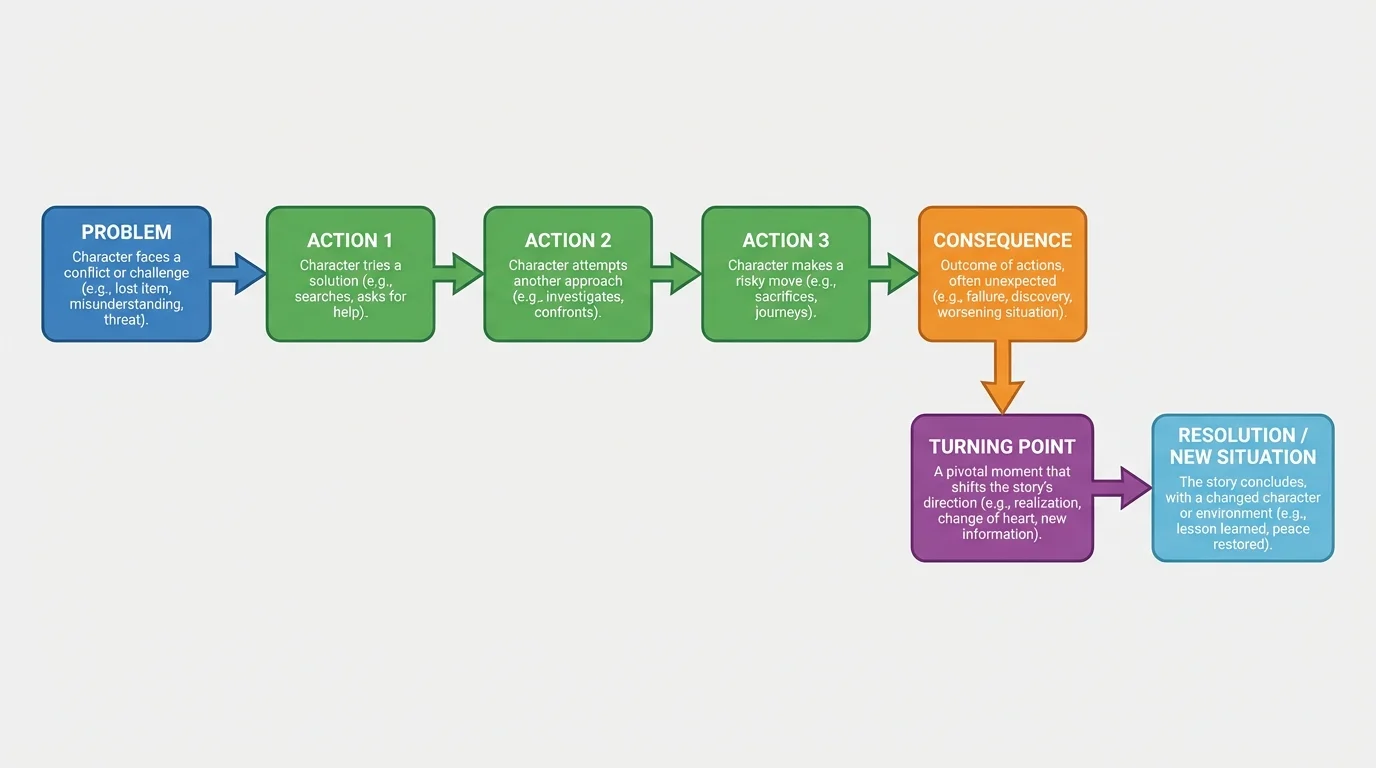 Flowchart of a story event sequence showing problem, actions, consequence, and turning point